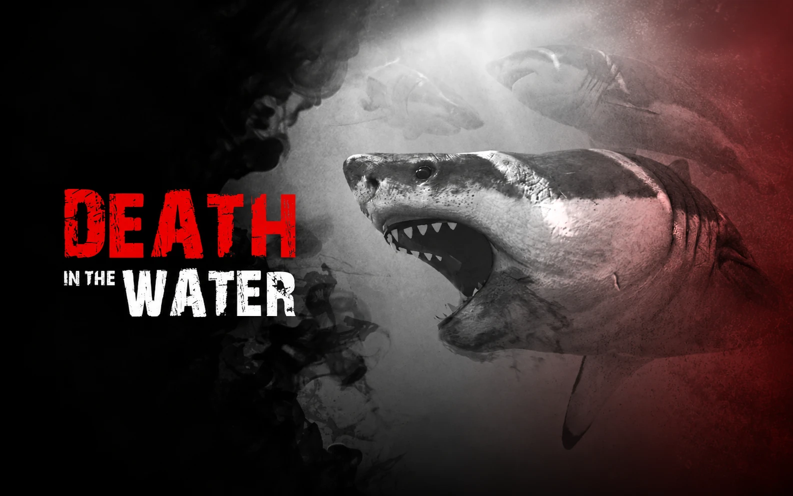 Death in the Water artwork featuring a great white shark with its jaws open beside the game’s logo.