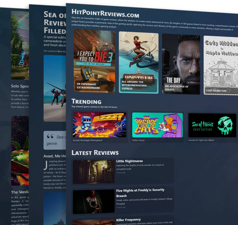 Website interface for HitPointReviews.com featuring game reviews. The site layout includes a navigation panel on the left with sections like 'SEA OF REVIEWS' and 'Trending,' showing thumbnails for recent reviews. The main panel displays featured game reviews with titles such as 'I EXPECT YOU TO DIE 3,' 'UNRAILED!,' and 'THE DAY' with corresponding images. Below is a 'Latest Reviews' section with entries for 'Little Nightmares,' 'Five Nights at Freddy’s: Security Breach,' and 'Killer Frequency.' The design is modern with dark tones and colorful accents, and there's a sense of a dynamic, content-rich gaming review site.
