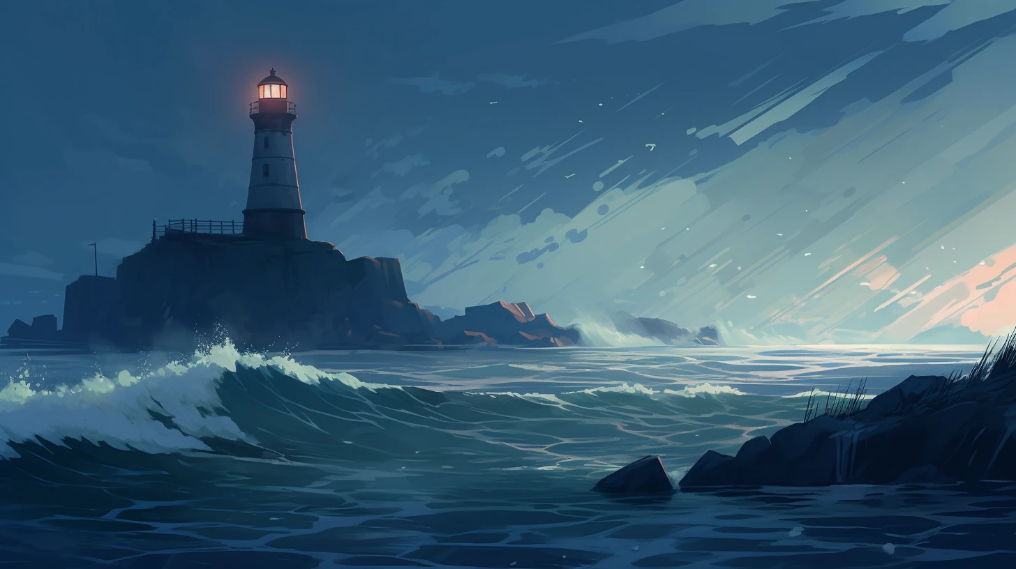 A serene digital illustration of a lighthouse perched on a rocky outcrop by the sea. The scene depicts a tranquil early evening with a glowing sunset in the background. Gentle waves roll in from the deep blue sea, breaking softly near the shore. Wispy clouds streak across the gradient sky, reflecting hues of pink and orange from the fading light. A sense of peaceful solitude is conveyed by the absence of any human activity.